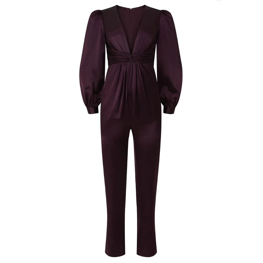 Plum Satin Puff Sleeve Straight Leg Jumpsuit Deep V Formal Evening Sz 2 EUC - Picture 4 of 11
